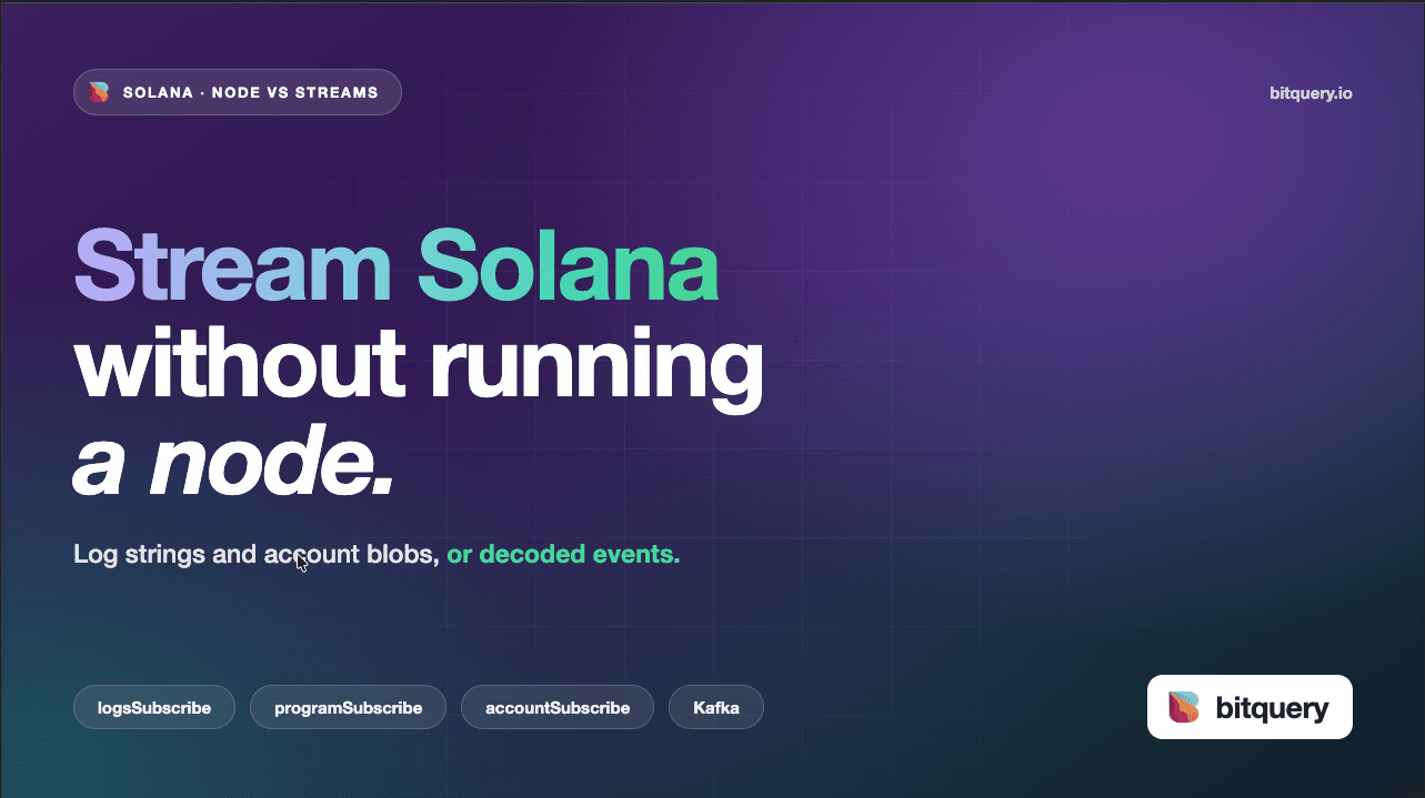 Cover Image for Streaming Solana Data Without a Node - Agave logsSubscribe, programSubscribe and accountSubscribe vs Bitquery Kafka Streams