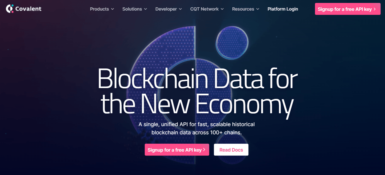 Screenshot of the Covalent homepage, headlined "Blockchain Data for the New Economy"