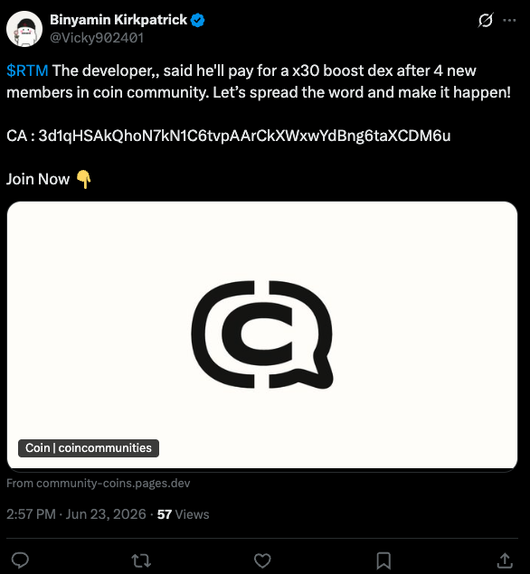 X post promoting RTM: the developer said he'll pay for a x30 boost dex after 4 new members in coin community, with the contract address
